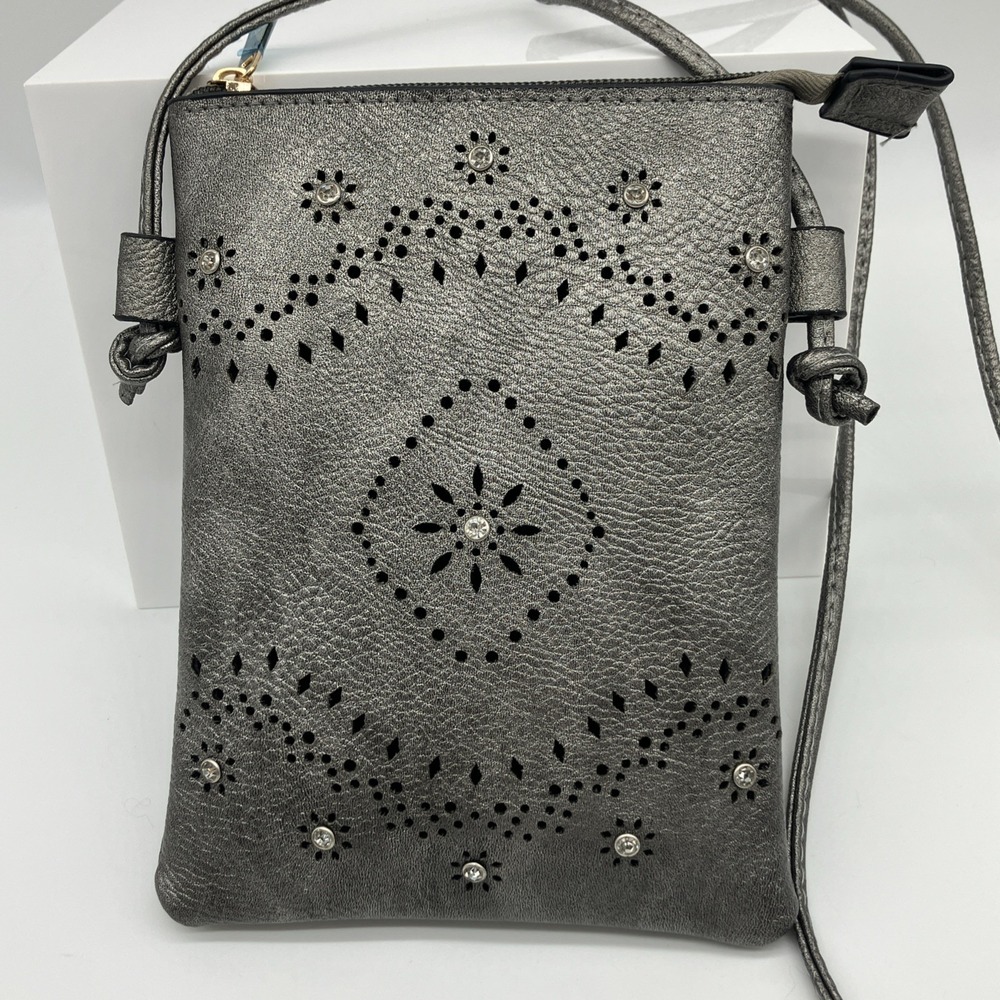 Gray Crossbody Bag Vegan Leather Pierced Floral Rhinestone Boho Cowgirl‎ Rodeo